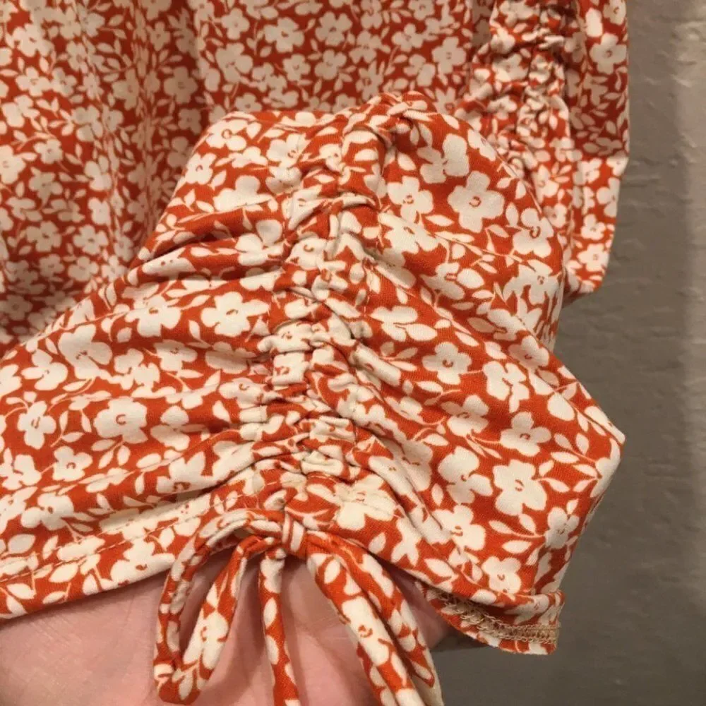 Flower Power Red Orange Floral Midi Rouched Dress - Picture 7 of 8